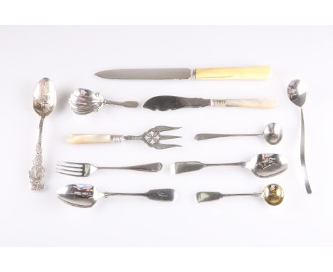 A GROUP OF SILVER, including a Continental caddy spoon, breadknife, American Sterling 'San Francisco' spoon by Geo. Shreve &a