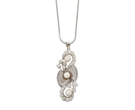 A CULTURED PEARL AND DIAMOND PENDANT ON CHAIN, the scrolling frame set throughout with old-cut diamonds and three cultured pe