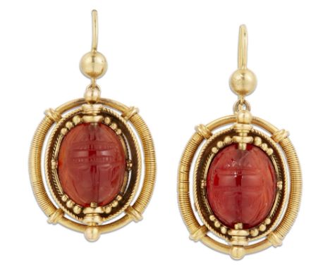 A PAIR OF 19TH CENTURY ARCHAEOLOGICAL REVIVAL CARNELIAN EARRINGS, IN THE MANNER OF CASTELLANI,&nbsp;the carved carnelian scar