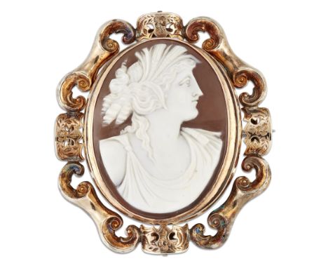 A VICTORIAN SHELL CAMEO AND HAIRWORK BROOCH, carved depicting the bust of Ceres, the reverse with a panel of tightly woven ha