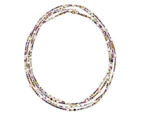 AN EXTENSIVE CULTURED PEARL AND GEMSTONE BEAD NECKLACE, round and oval cultured pearls spaced by groups of faceted and smooth