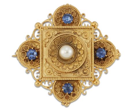 A VICTORIAN ETRUSCAN REVIVAL SAPPHIRE AND PEARL BROOCH, a pearl within a fancy cannetille frame set with four round-cut sapph