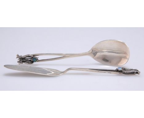 A SILVER AND OPAL SPOON AND KNIFE, each stamped 925, with lyrebird feather terminals above a cabochon-cut opal (one imitation