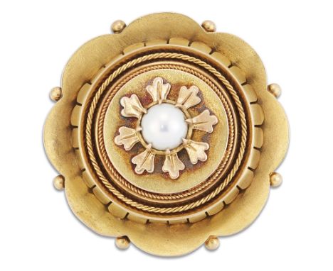 A VICTORIAN SPLIT PEARL BROOCH, a split pearl within a leaf border and a tiered circular plaque with a lobed edge, with glaze