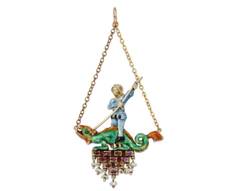 AN AUSTRO-HUNGARIAN ENAMEL, RUBY AND PEARL SAINT GEORGE AND THE DRAGON PENDANT, the group enamelled in colours and above a st