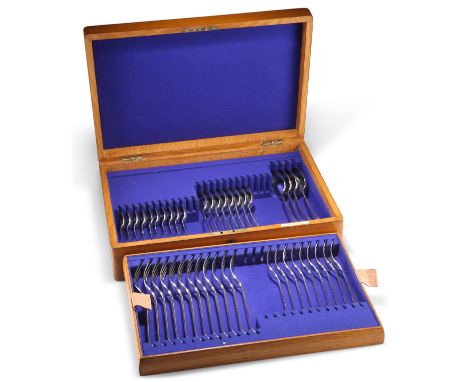 AN EDWARDIAN CANTEEN OF SILVER FLATWARE,&nbsp;by Atkin Brothers, Sheffield 1908 and 1909, Old English pattern, the handle ter