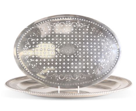 A SUBSTANTIAL GEORGE III SILVER MEAT DISH AND MAZARINE, by Paul Storr, London 1810 and 1811, oval, the meat dish with egg and