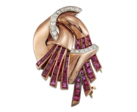 A RUBY AND DIAMOND BROOCH, CIRCA 1940S,&nbsp;a scroll motif with calibré-cut ruby tassels and a band of eight-cut diamonds, t