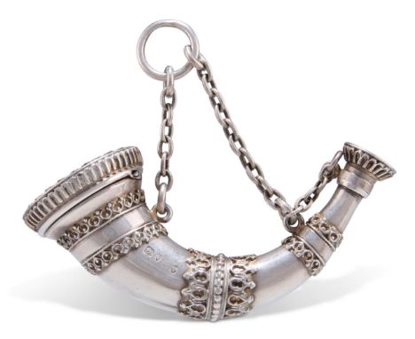 A VICTORIAN SILVER NOVELTY SCENT BOTTLE AND VINAIGRETTE,&nbsp;by Sampson Mordan II, London 1873, modelled as a horn with scro