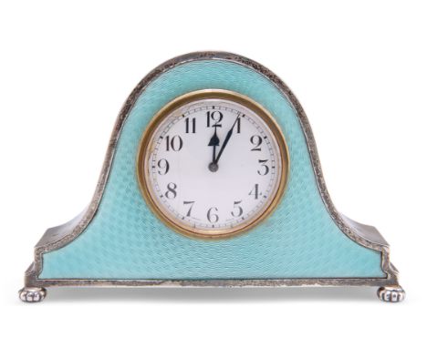A GEORGE V SILVER AND ENAMEL MANTEL CLOCK,&nbsp;by&nbsp;Adie Brothers Ltd, Birmingham 1928, the arched case with turquoise gu