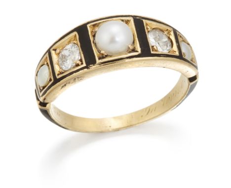 AN ENAMEL, SPLIT PEARL AND DIAMOND MOURNING RING, alternating split pearls and old-cut diamonds picked out in black enamel to