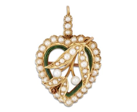 A LATE VICTORIAN SEED PEARL AND ENAMEL BROOCH PENDANT, the heart-shaped frame set with seed pearls and a green guilloche enam