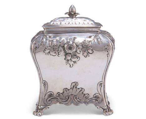 AN EARLY GEORGE III SILVER TEA CADDY, by Peter Gillois, London 1760, of bombe form with shaped apron base raised upon four ca
