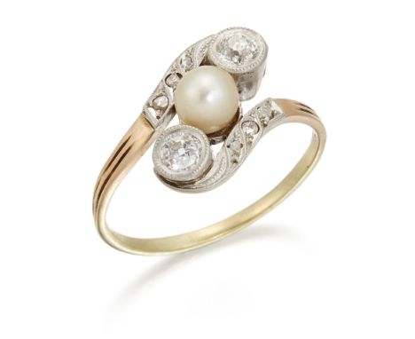 A CULTURED PEARL AND DIAMOND RING, a cultured pearl between milgrain set old-cut diamonds to diamond crossover shoulders, tot