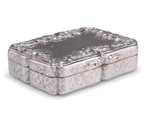 AN EARLY VICTORIAN SILVER SNUFF BOX, by Nathaniel Mills, Birmingham 1844, of rectangular serpentine outline with applied scro