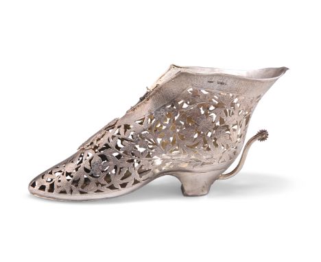 A FANCY DUTCH SILVER RIDING BOOT,&nbsp;import marks, Elly Isaac Miller, London 1897, the ankle boot with flared neck and twis