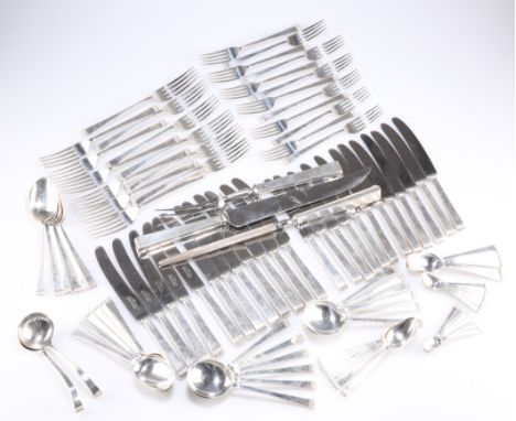 A GOOD ART DECO STYLE SILVER CANTEEN, by Cooper Brothers & Sons Ltd, Sheffield 1961, comprising twelve dessert spoons, twelve