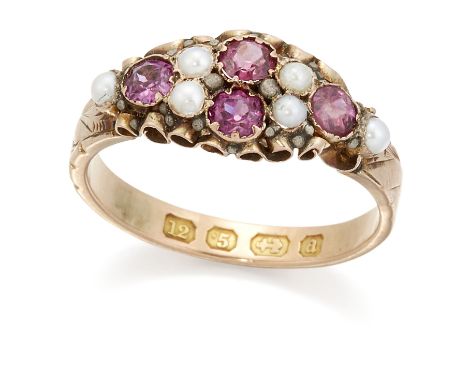 A 12 CARAT GOLD PINK TOURMALINE AND SEED PEARL RING, round-cut pink tourmaline spaced by seed pearls in scroll settings, to f