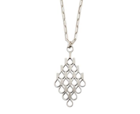 JACK SPENCER - A MODERNIST SILVER PENDANT ON CHAIN, the lozenge-shaped pendant of openwork abstract design, to an elongated c