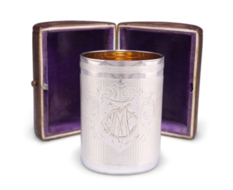 A LATE 19TH CENTURY ENGINE-TURNED BEAKER CUP, cylindrical, engraved with a monogram within a cartouche, stamped marks, possib