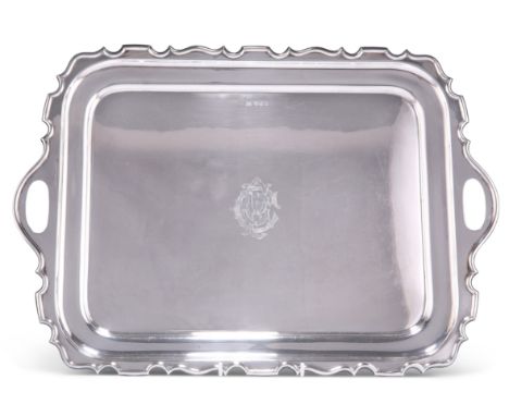 A GEORGE V LARGE SILVER TWO-HANDLED TRAY,&nbsp;by Walker &amp; Hall, Sheffield 1929, shaped rectangular with Chippendale rim,