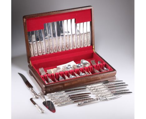 A SILVER-PLATED CANTEEN, Kings pattern, for eight place settings, in a wooden case with some additional associated pieces. Ca