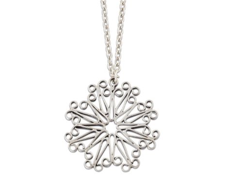 JACK SPENCER - A MODERNIST SILVER PENDANT ON CHAIN, the circular pendant of openwork abstract design, to cable chain, pendant