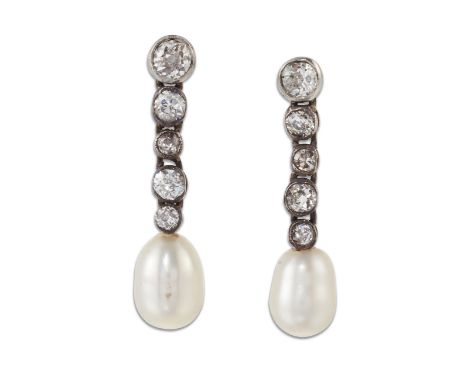 A PAIR OF PEARL AND DIAMOND PENDANT EARRINGS, graduated old-cut diamonds as articulated links, suspending drop pearls, total 