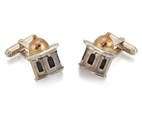 VICKI AMBERY-SMITH - A PAIR OF SILVER CUFFLINKS, each designed as a temple front, to hinged backs, hallmarked with maker's ma