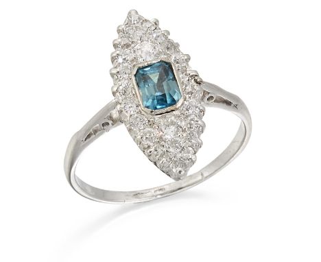 A BLUE ZIRCON AND DIAMOND NAVETTE RING, a rectangular octagonal-cut blue zircon within a navette cluster pavé-set with diamon
