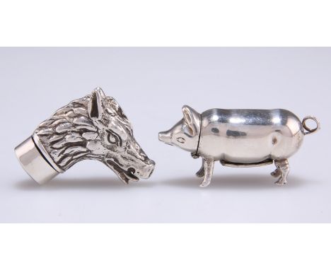 A SILVER NOVELTY CASE,&nbsp;import marks,&nbsp;C M E Jewellery Ltd, Birmingham 1994, in the form of a pig, 4.5cm long; togeth