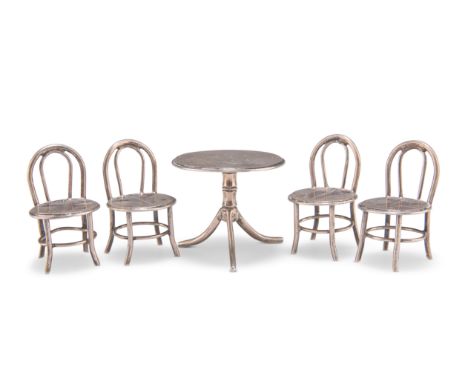 A CHINESE SILVER MINIATURE TABLE AND FOUR CHAIRS, early 20th Century, the tripod table with bamboo engraved circular top, the