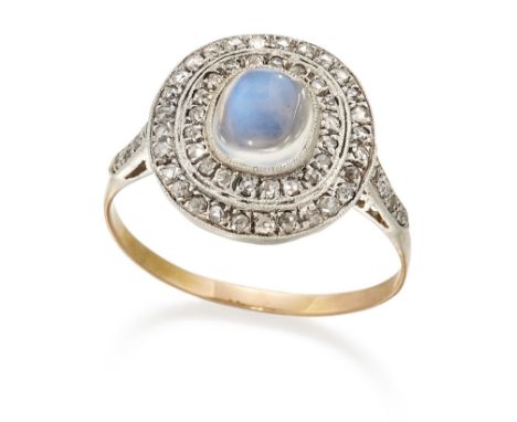 A MOONSTONE AND DIAMOND CLUSTER RING, a cushion moonstone within a two-tier milgrain border of rose-cut diamonds, to diamond 