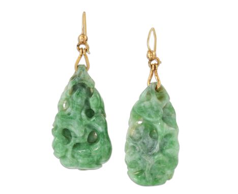 A PAIR OF CARVED JADE PENDANT EARRINGS, each of drop form and carved in the round, one depicting a bird amongst lotus leaves,