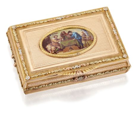 A FINE GOLD AND ENAMEL SNUFF BOX, 19TH CENTURY, mounted in yellow gold, the rectangular body with engine turned decoration, w