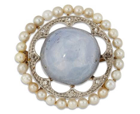 A STAR SAPPHIRE, SEED PEARL AND DIAMOND BROOCH, a spherical star sapphire within a milgrain frame accented by diamonds and an