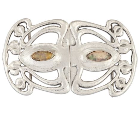 DAVID VEASEY FOR LIBERTY &amp; CO - AN ARTS AND CRAFTS CYMRIC SILVER AND OPAL BUCKLE, in two-parts, of lightly planished open