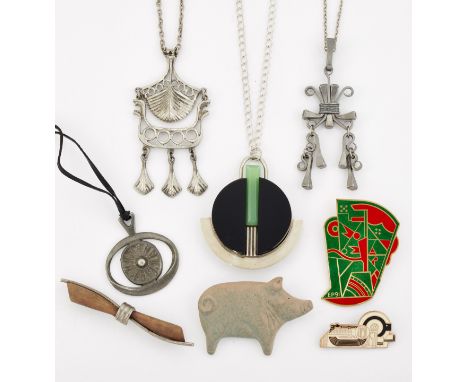 A SMALL GROUP OF JEWELLERY, comprising:&nbsp;A BAUHAUS CHROME AND PLASTIC BROOCH PENDANT ON CHAIN, POSSIBLY BY JAKOB BENGEL,&
