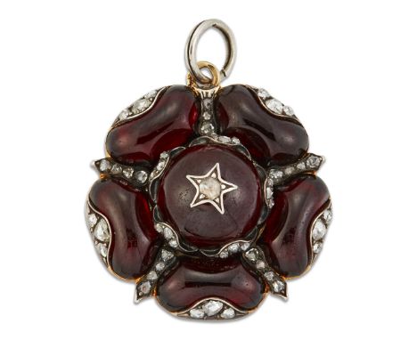 A 19TH CENTURY CARBUNCLE GARNET AND DIAMOND PENDANT, designed as a rose set with carbuncle garnets and rose-cut diamond accen