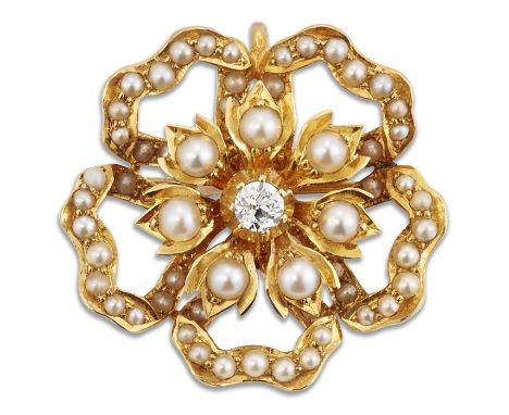 A LATE 19TH CENTURY DIAMOND AND SPLIT PEARL BROOCH PENDANT, an openwork flowerhead cluster with a central old-cut diamond and