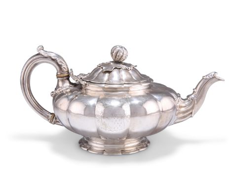 A WILLIAM IV SILVER TEAPOT,&nbsp;by Paul Storr, London 1832, of squat melon form, the conforming hinged domed cover with appl