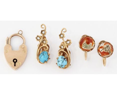 A GROUP OF JEWELLERY, comprising:&nbsp;A PAIR OF VICTORIAN MOSS AGATE EARRINGS, round moss agate in claw settings, marked '9C