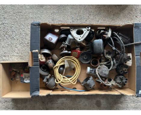 A tray of vintage car regulators, distributor parts, lightbulbs etc. 