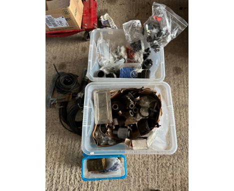 A good autojumbler's lot across two boxes to include a large quantity of vintage car spares, gauges, dashboard clock, Lucas r