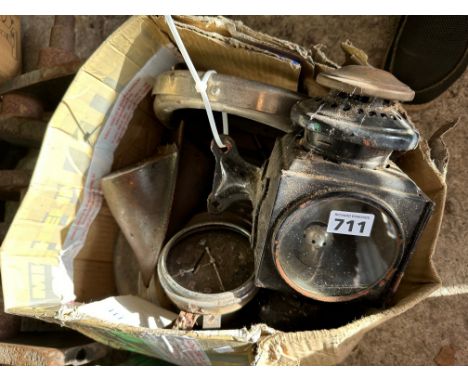 Various early glass lenses, a speedometer, Edwardian lamp etc.