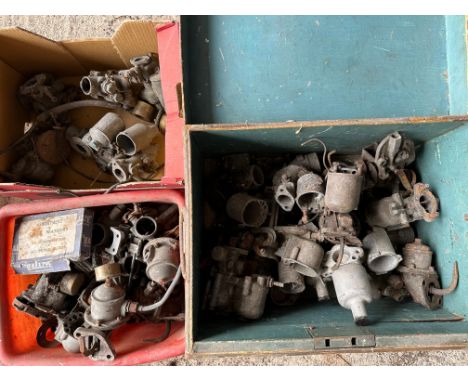 Three boxes of vintage carburettors and fuel pumps inc. SU, Solex, Zenith etc. 