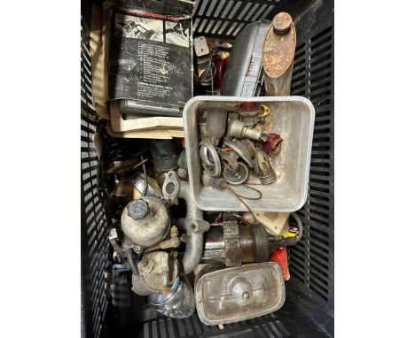 A box of assorted parts inc. SU carburettor, lamp lenses etc. 