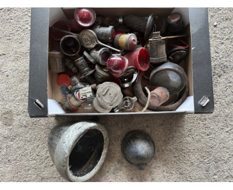 A box of assorted vintage lamp spares inc. Lucas, rear lamps and reflectors etc. 
