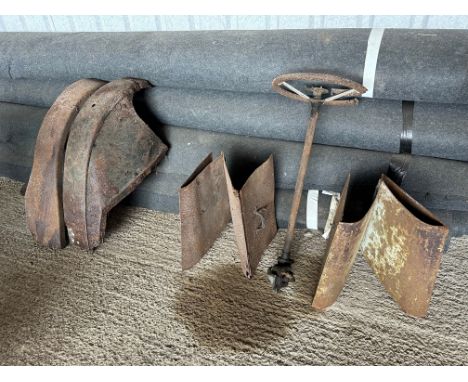 A steering column, wings and bonnet sides for vintage car, believed to be Austin 7.