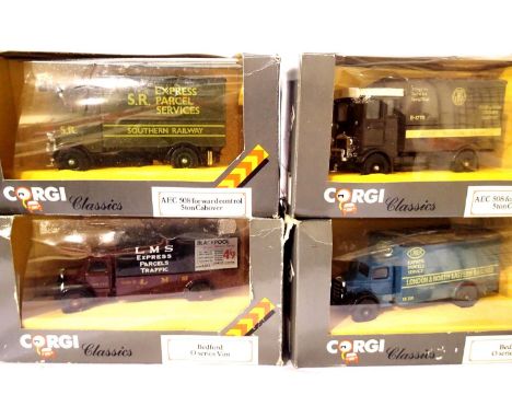 Four Corgi Classics railway related vans; two Bedford O  LNER &amp; LMS, two AEC Cabover - GWR &amp; SR, in very good to exce